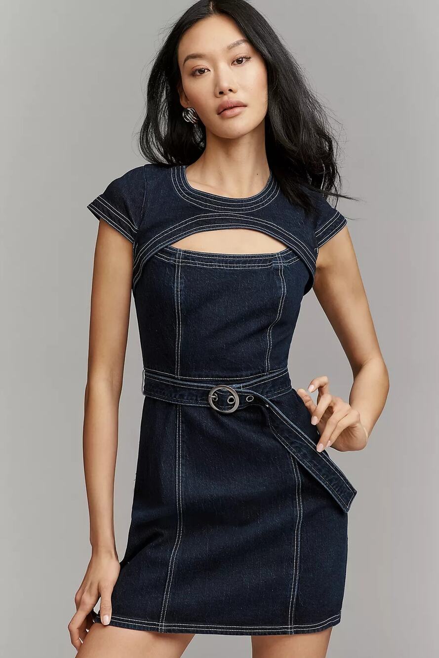 New Anthropologie Pilcro Denim Belted Cutout Mini Dress $158 X-LARGE Blue